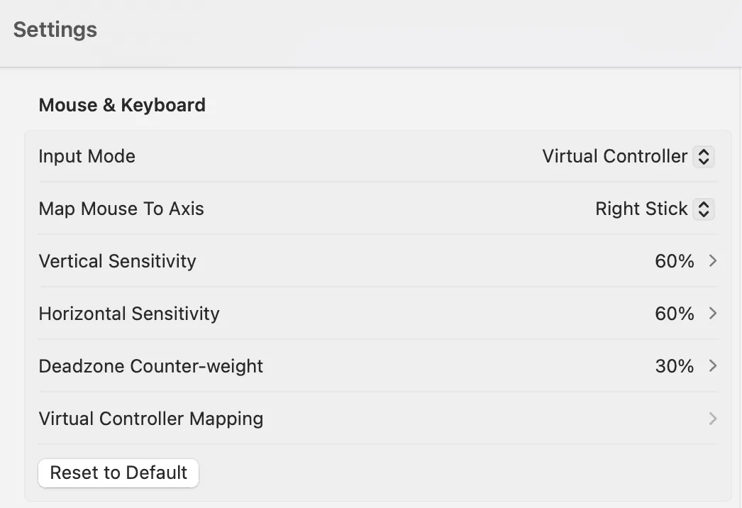 OneCast keyboard and mouse settings
